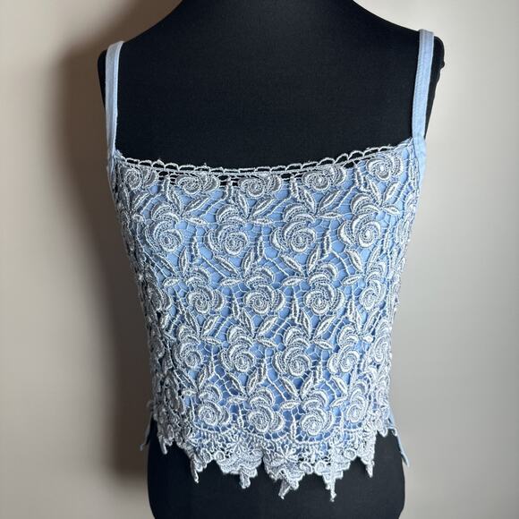 Vintage Blue Lace Overlay Floral Crop Top Cami Size M Y2k Cottage Fairy Romantic - Picture 4 of 11